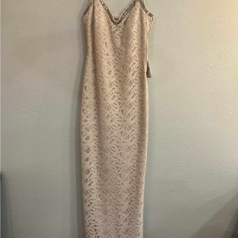 Sparkling Elegant Cream High Split Lace Dress